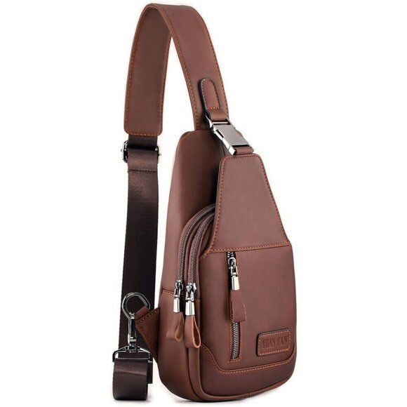 💫 Men Brown Cowboys Sling Leather Chest Waterproof Anti Theft Shoulder Bag